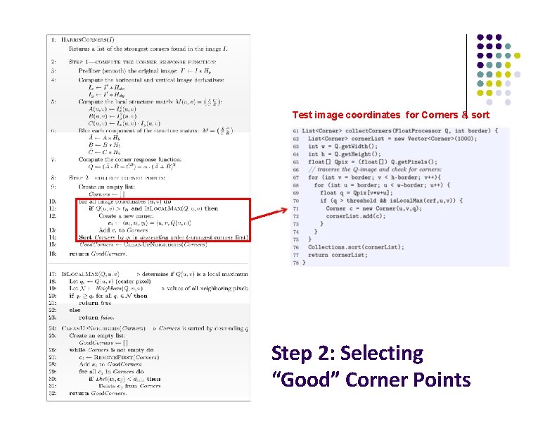 Test image coordinates for Corners & sort Step 2: Selecting “Good” Corner Points 