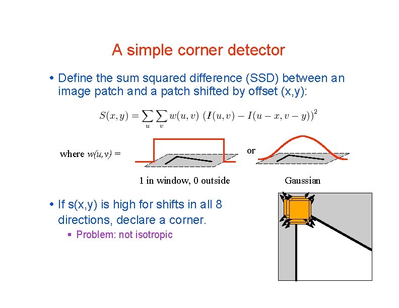 A simple corner detector Define the sum squared difference (SSD) between an image patch