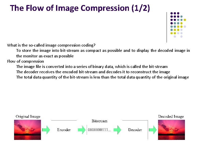 The Flow of Image Compression (1/2) What is the so-called image compression coding? To
