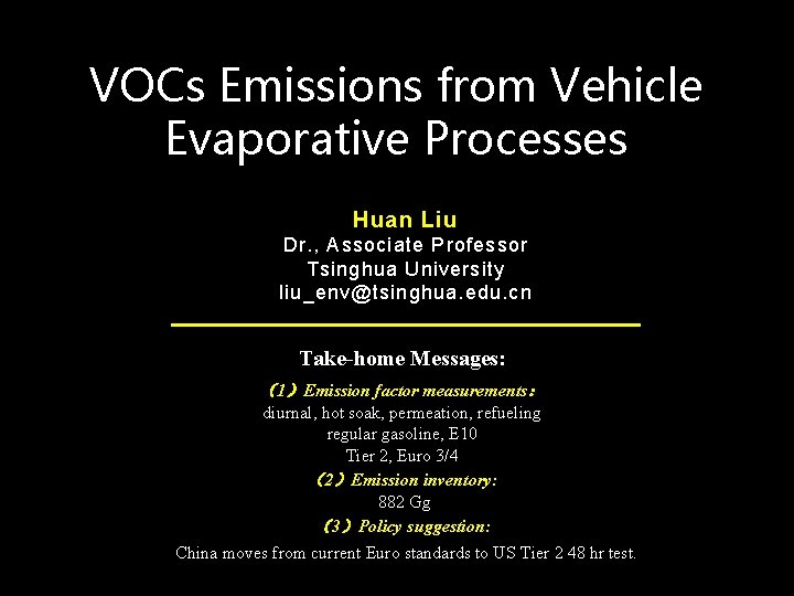 VOCs Emissions from Vehicle Evaporative Processes Huan Liu Dr. , Associate Professor Tsinghua University