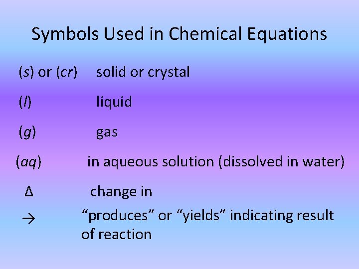 Symbols Used in Chemical Equations (s) or (cr) solid or crystal (l) liquid (g)