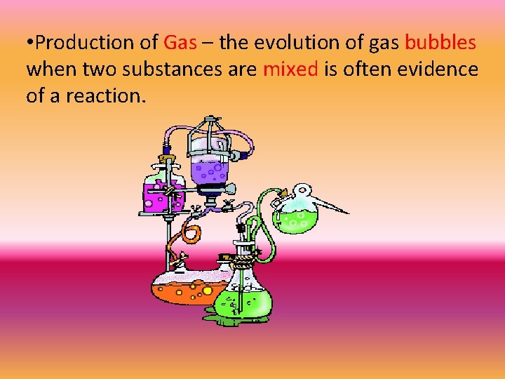  • Production of Gas – the evolution of gas bubbles when two substances