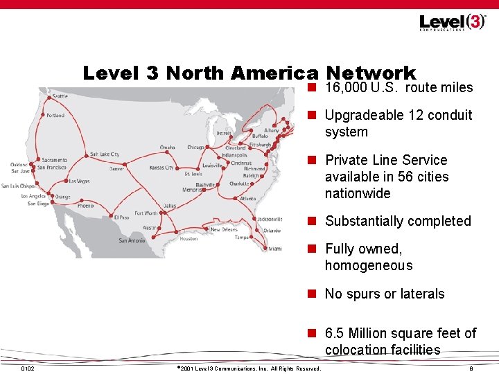 Level 3 North America Network n 16, 000 U. S. route miles n Upgradeable Level 3 North America Network n 16, 000 U. S. route miles n Upgradeable