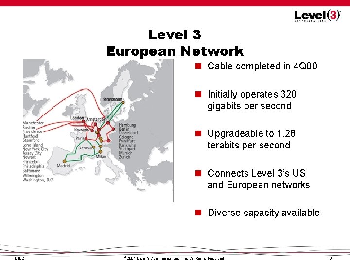 Level 3 European Network n Cable completed in 4 Q 00 n Initially operates Level 3 European Network n Cable completed in 4 Q 00 n Initially operates