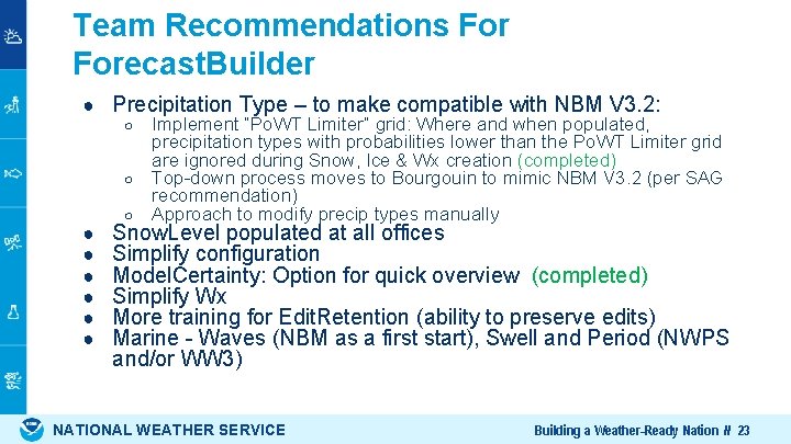 Team Recommendations Forecast. Builder ● Precipitation Type – to make compatible with NBM V