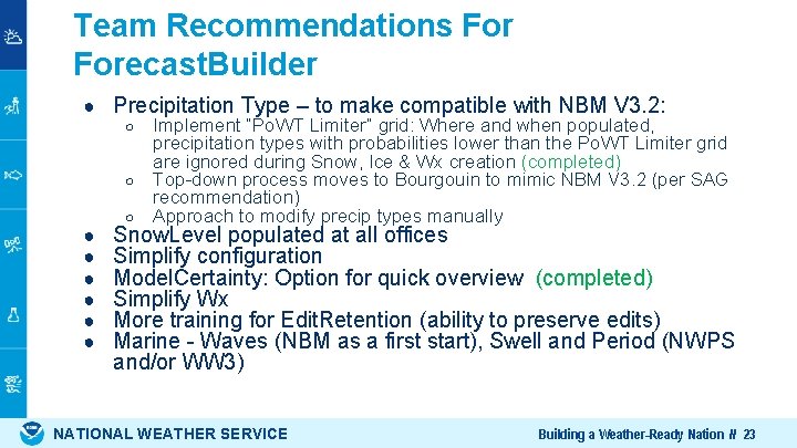 Team Recommendations Forecast. Builder ● Precipitation Type – to make compatible with NBM V