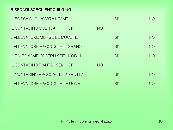 RISPONDI SCEGLIENDO SI O NO IL BOSCAIOLO LAVORA I CAMPI SI’ NO L’ALLEVATORE MUNGE