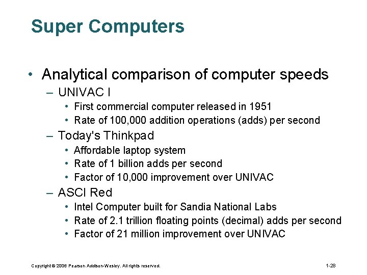 Super Computers • Analytical comparison of computer speeds – UNIVAC I • First commercial