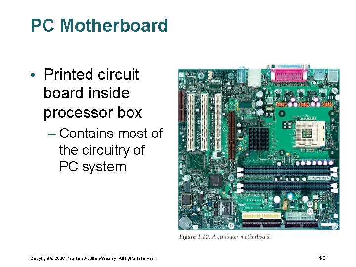 PC Motherboard • Printed circuit board inside processor box – Contains most of the