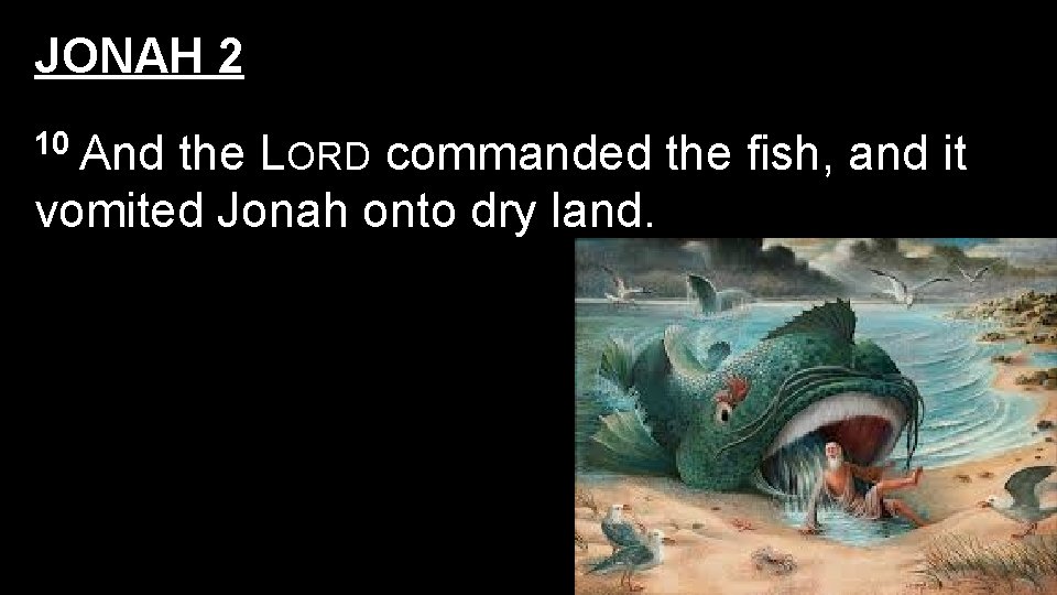 JONAH 2 10 And the LORD commanded the fish, and it vomited Jonah onto