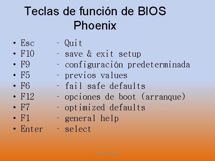 Teclas de función de BIOS Phoenix • • • Esc F 10 F 9