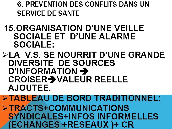 6. PREVENTION DES CONFLITS DANS UN SERVICE DE SANTE 15. ORGANISATION D’UNE VEILLE SOCIALE