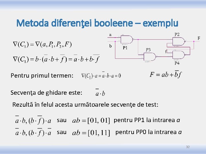 Metoda diferenţei booleene – exemplu Pentru primul termen: Secvenţa de ghidare este: Rezultă în Metoda diferenţei booleene – exemplu Pentru primul termen: Secvenţa de ghidare este: Rezultă în
