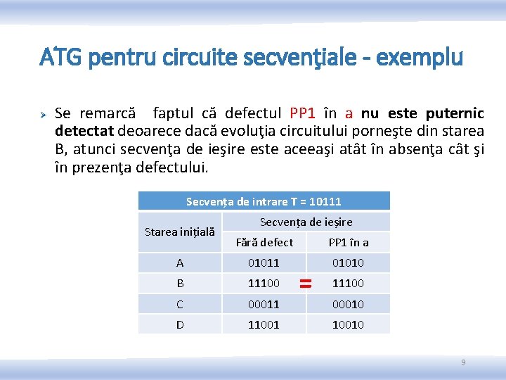 ATG pentru circuite secvenţiale - exemplu Ø Se remarcă faptul că defectul PP 1 ATG pentru circuite secvenţiale - exemplu Ø Se remarcă faptul că defectul PP 1
