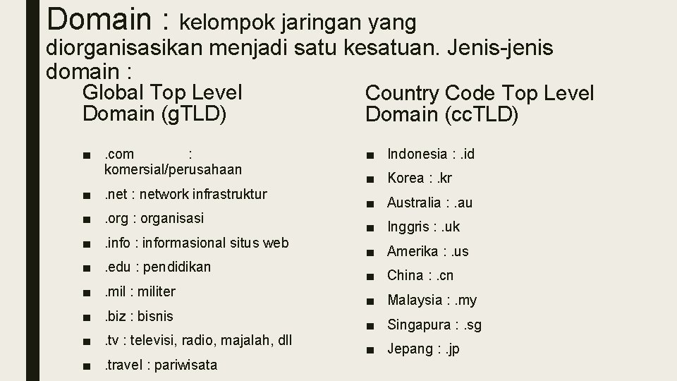 Domain : kelompok jaringan yang diorganisasikan menjadi satu kesatuan. Jenis-jenis domain : Global Top