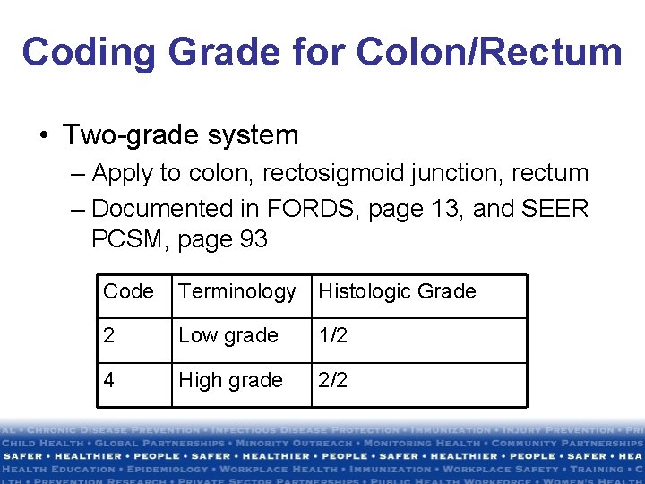 Coding Grade for Colon/Rectum • Two-grade system – Apply to colon, rectosigmoid junction, rectum Coding Grade for Colon/Rectum • Two-grade system – Apply to colon, rectosigmoid junction, rectum