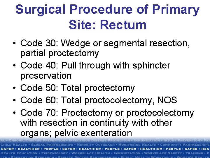 Surgical Procedure of Primary Site: Rectum • Code 30: Wedge or segmental resection, partial Surgical Procedure of Primary Site: Rectum • Code 30: Wedge or segmental resection, partial