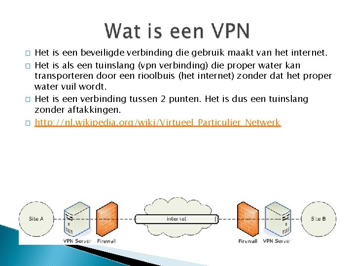 � � Het is een beveiligde verbinding die gebruik maakt van het internet. Het