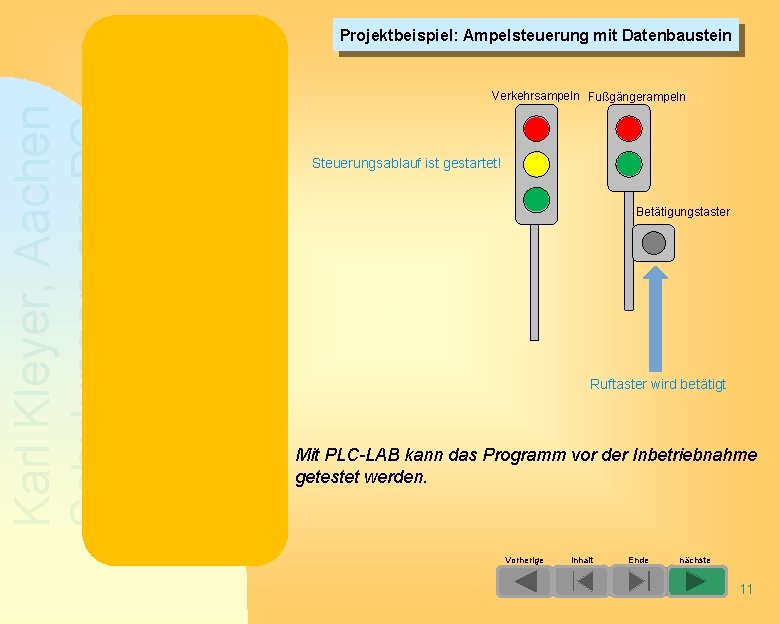 Projektbeispiel: Ampelsteuerung mit Datenbaustein Karl Kleyer, Aachen Schulungen am PC Verkehrsampeln Fußgängerampeln Steuerungsablauf ist