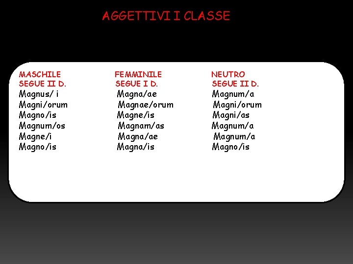 AGGETTIVI I CLASSE MASCHILE SEGUE II D. Magnus/ i Magni/orum Magno/is Magnum/os Magne/i Magno/is