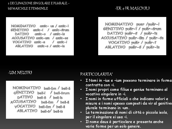 2 DECLINAZIONE SINGOLARE E PLURALE. US MASCHILE E FEMMINILE -UM NEUTRI -ER e IR