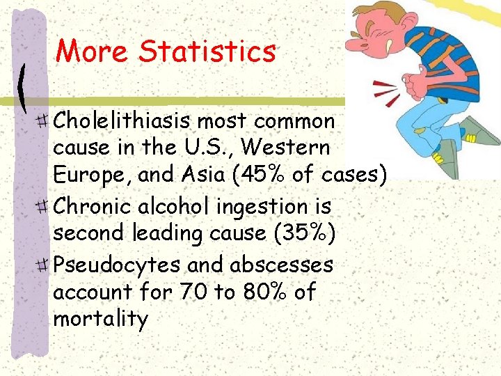 More Statistics Cholelithiasis most common cause in the U. S. , Western Europe, and More Statistics Cholelithiasis most common cause in the U. S. , Western Europe, and