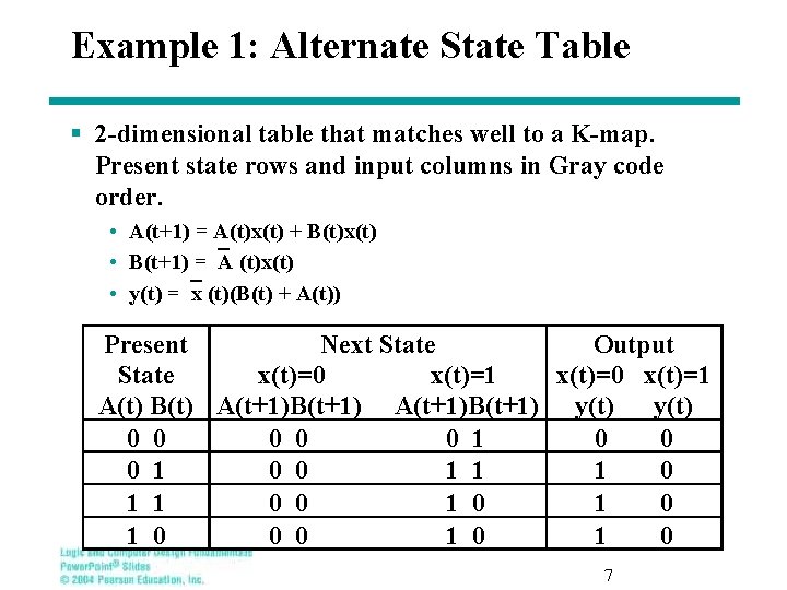 Example 1: Alternate State Table § 2 -dimensional table that matches well to a