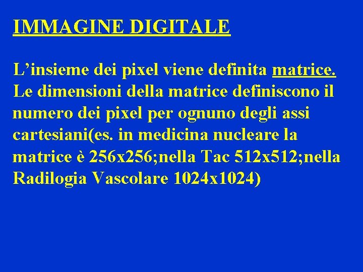 IMMAGINE DIGITALE L’insieme dei pixel viene definita matrice. Le dimensioni della matrice definiscono il