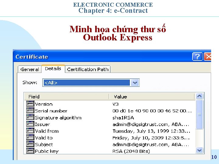 ELECTRONIC COMMERCE Chapter 4: e-Contract Minh họa chứng thư số Outlook Express January 2010