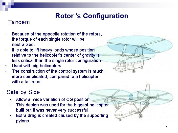 Tandem • Rotor 's Configuration Because of the opposite rotation of the rotors, the