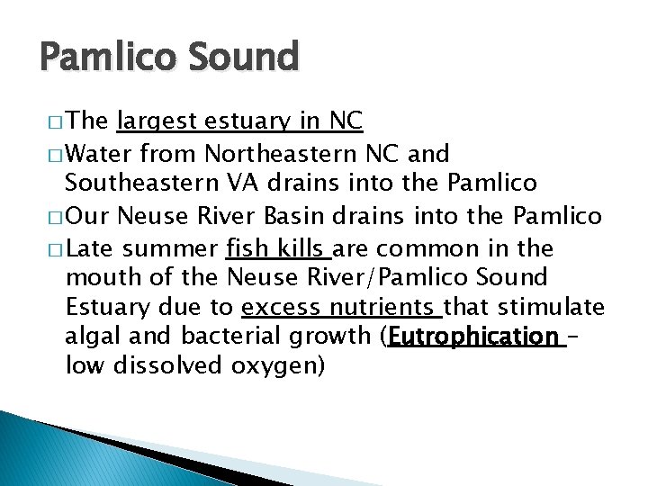 Pamlico Sound � The largest estuary in NC � Water from Northeastern NC and