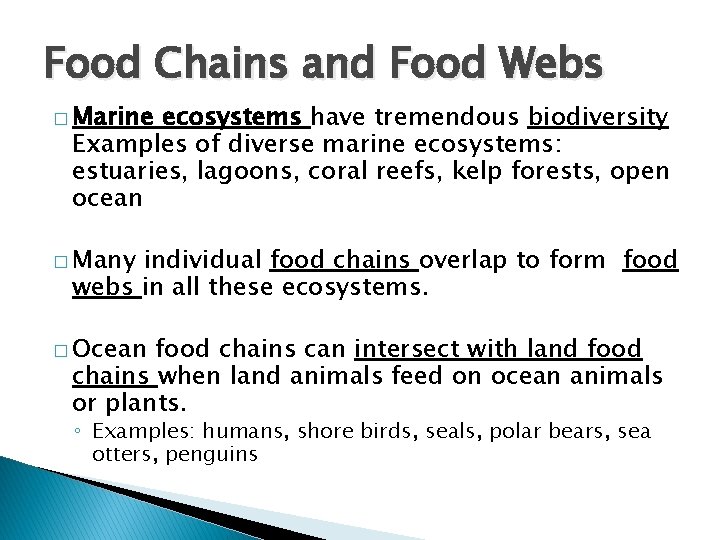 Food Chains and Food Webs � Marine ecosystems have tremendous biodiversity Examples of diverse