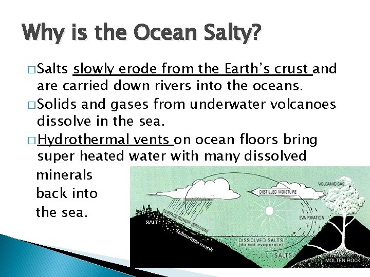 Why is the Ocean Salty? � Salts slowly erode from the Earth’s crust and