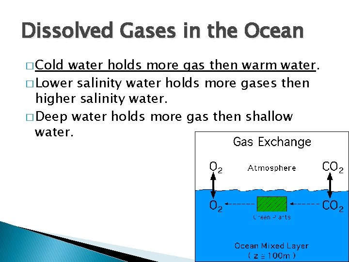 Dissolved Gases in the Ocean � Cold water holds more gas then warm water.