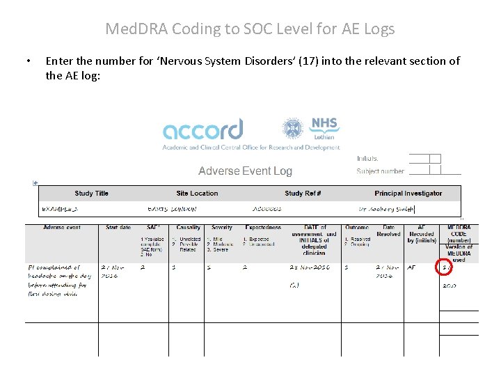 Med. DRA Coding to SOC Level for AE Logs • Enter the number for Med. DRA Coding to SOC Level for AE Logs • Enter the number for