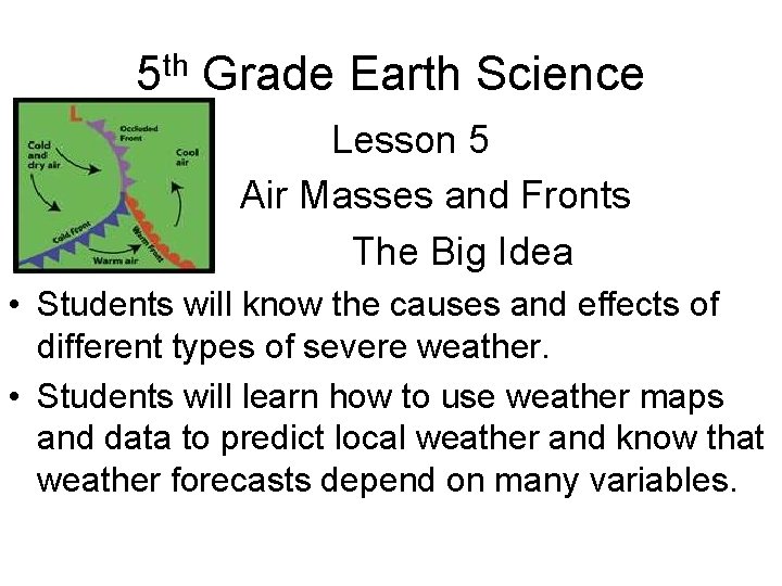 5 th Grade Earth Science Lesson 5 Air Masses and Fronts The Big Idea