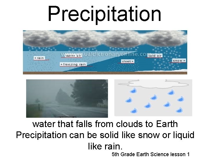 Precipitation water that falls from clouds to Earth Precipitation can be solid like snow
