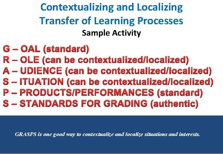 Contextualizing and Localizing Transfer of Learning Processes Sample Activity G – OAL (standard) R