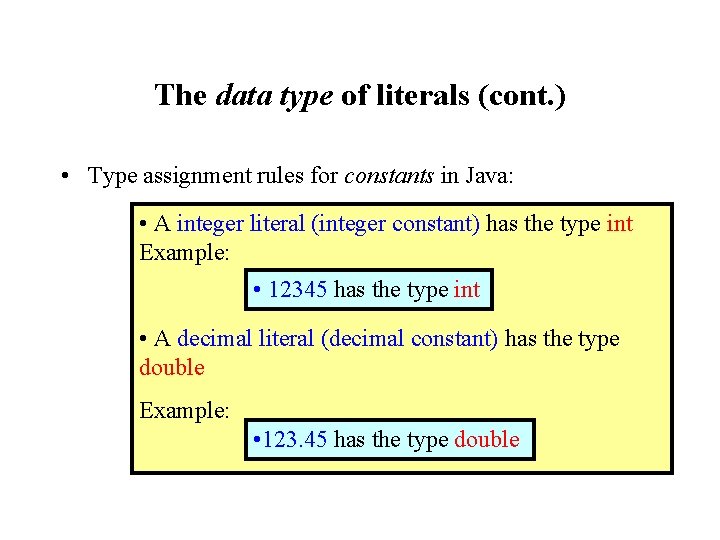 The data type of literals (cont. ) • Type assignment rules for constants in