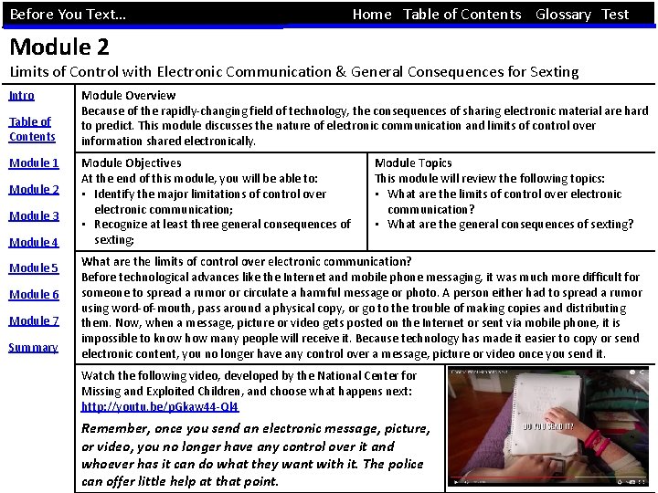 Before You Text… Home Table of Contents Glossary Test Module 2 Limits of Control