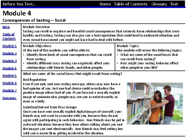 Before You Text… Home Table of Contents Glossary Test Module 4 Consequences of Sexting