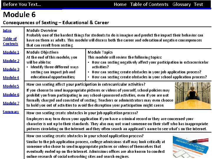 Before You Text… Home Table of Contents Glossary Test Module 6 Consequences of Sexting