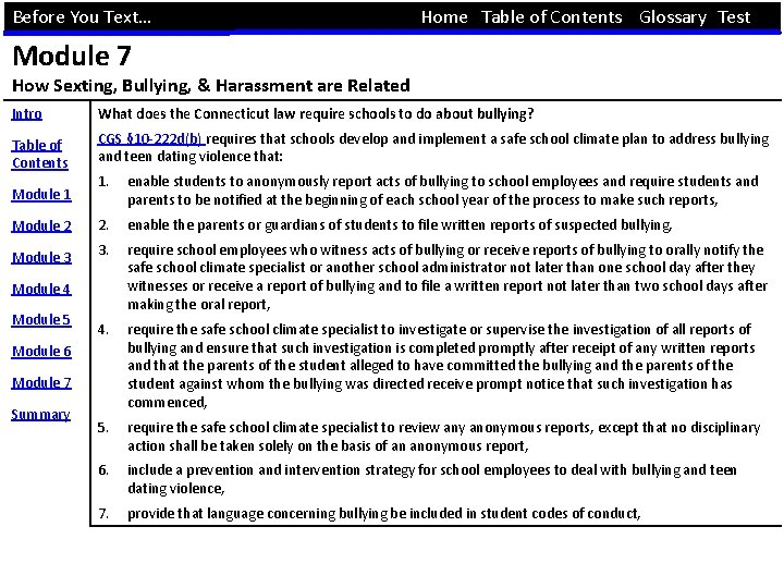 Before You Text… Home Table of Contents Glossary Test Module 7 How Sexting, Bullying,