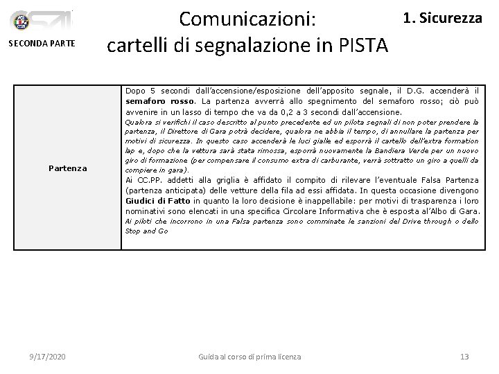 SECONDA PARTE Comunicazioni: cartelli di segnalazione in PISTA 1. Sicurezza Dopo 5 secondi dall’accensione/esposizione