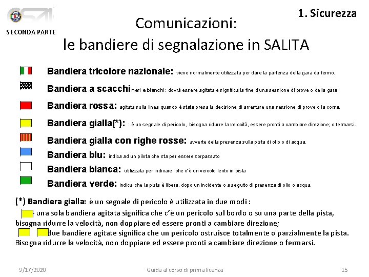 1. Sicurezza SECONDA PARTE Comunicazioni: le bandiere di segnalazione in SALITA Bandiera tricolore nazionale: