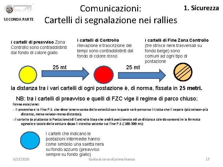 SECONDA PARTE Comunicazioni: Cartelli di segnalazione nei rallies i cartelli di preavviso Zona Controllo