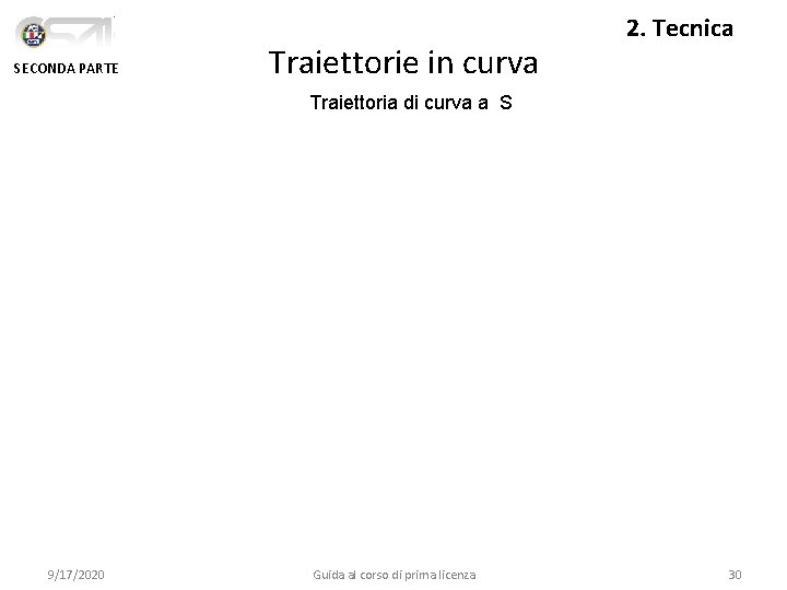 SECONDA PARTE Traiettorie in curva 2. Tecnica Traiettoria di curva a S 9/17/2020 Guida