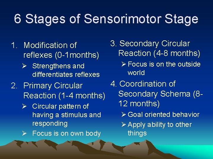 6 Stages of Sensorimotor Stage 1. Modification of reflexes (0 -1 months) 3. Secondary