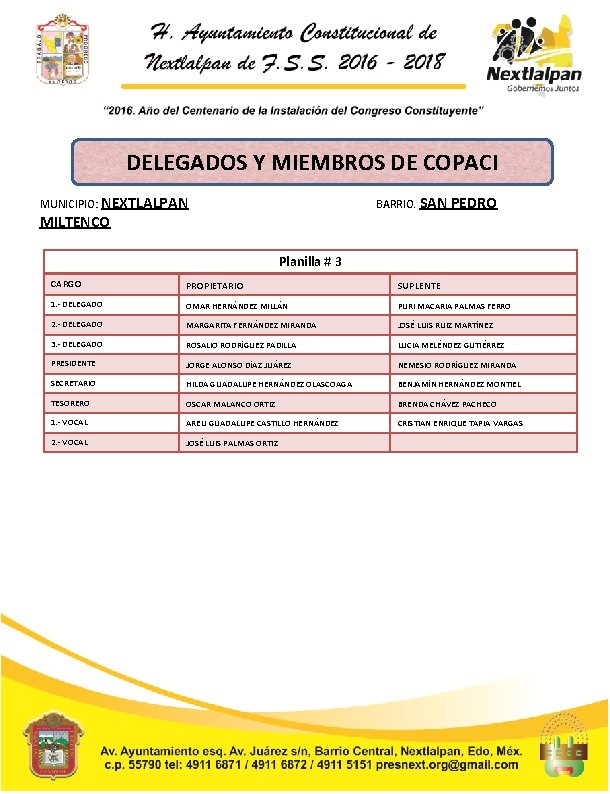 DELEGADOS Y MIEMBROS DE COPACI MUNICIPIO: NEXTLALPAN BARRIO. SAN PEDRO MILTENCO Planilla # 3