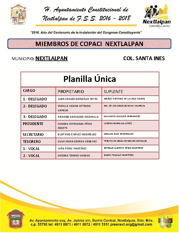 MIEMBROS DE COPACI NEXTLALPAN MUNICIPIO: NEXTLALPAN COL. SANTA INES Planilla Única CARGO PROPIETARIO SUPLENTE